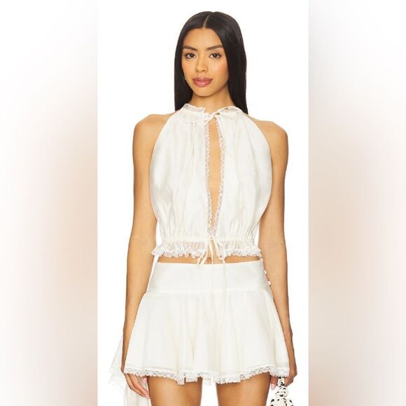 Lovers + Friends Tops - Lovers + Friends White Lace-Trim Halter Crop Top